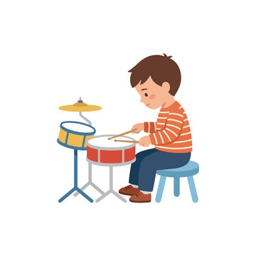 A cute young boy in a striped shirt sitting on a stool and happily playing a toy drum set with drumsticks.