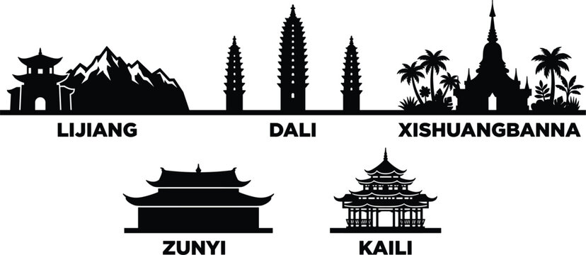 China southwest cities skyline silhouette set featuring lijiang dali xishuangbanna zunyi and kaili vector illustration isolated white