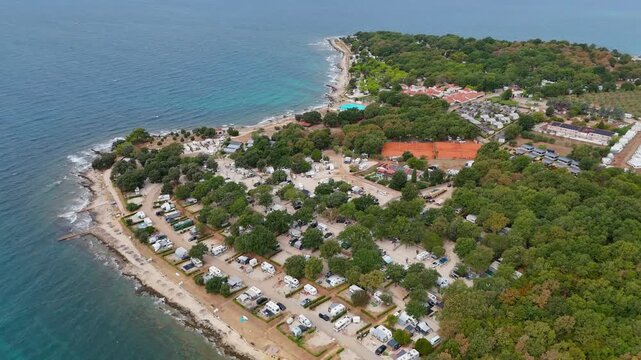 FKK Camping Ulika Near Porec With Campervans Aerial Drone View During A Sunny Summer Day On The Beautiful Adriatic Coast In Istria Croatia
