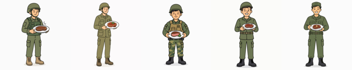 Obraz premium Set of soldier vectors carrying a delicious grilled meat dish.