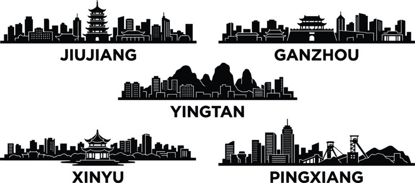 China jiangxi province cities skyline silhouette set featuring jiujiang ganzhou yingtan xinyu and pingxiang vector illustration isolated white