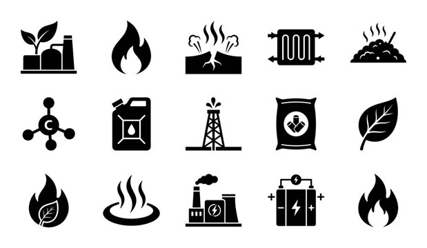 Bioenergy and geothermal energy icon set with biomass plant, geothermal vent and compost pile for web design in glyph style