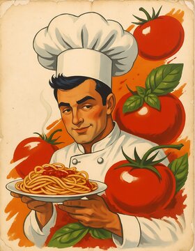 Friendly chef in a white uniform presenting a plate of pasta with fresh ripe tomatoes and basil