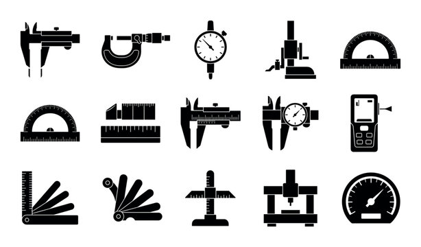 Precision measuring tools vector icons with calipers, micrometers and rulers for infographic design in solid glyph style
