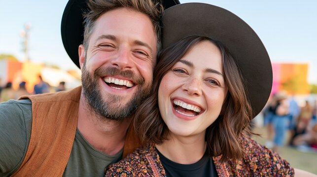 Happy smiling couple wearing hats taking a selfie outdoors at a festival or concert with friends in background