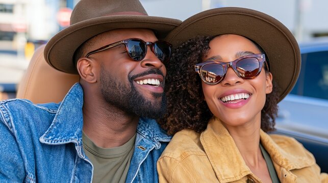 Happy smiling couple wearing hats and sunglasses posing together in a car on a sunny day outdoors.