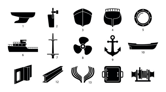 Ship parts vector icons with keel, rudder and propeller for infographic design in glyph style