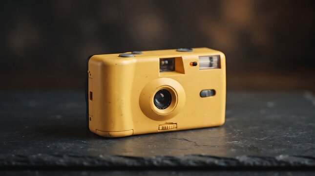 Vintage yellow disposable film camera with scratched plastic body resting on dark textured slate surface