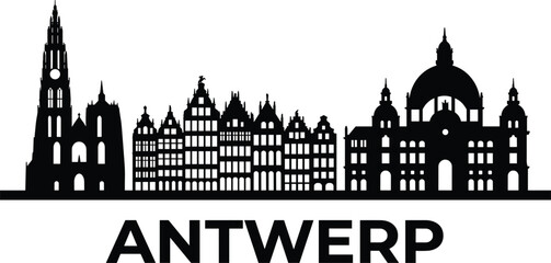 Fototapeta premium Antwerp city skyline silhouette featuring cathedral of our lady central station and guildhouses vector illustration isolated white