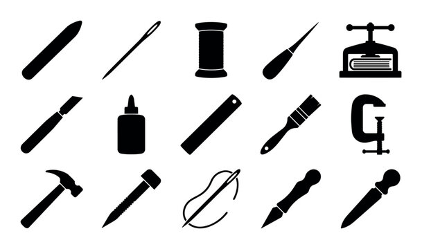 Bookbinding tools vector icons with needle, glue and cutting knife for mobile app design in clean glyph style