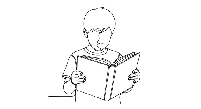 Boy reading book, single line drawing, isolated on transparent background
