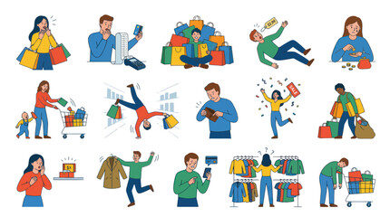 Fototapeta premium Flat Design Illustrations of Shopping, Consumerism, and Finance: People, Sales, Money, and Budgeting