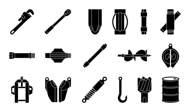 Drilling tools vector icons with pipe wrenches, drill pipe segments and torque wrenches for infographic design in solid glyph style