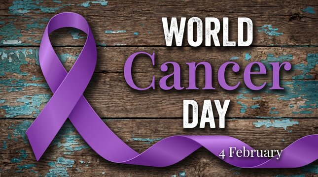 Purple awareness ribbon on a rustic wooden background with text for world cancer day on february 4 with event