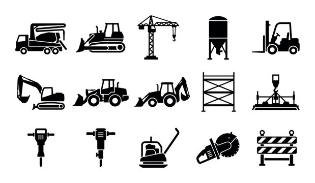 Concrete machinery vector icons with concrete pump truck, excavator and bulldozer for infographic design in solid style