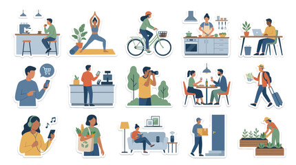 Fototapeta premium Everyday Modern Lifestyle Activities Flat Design Vector Collection with People and Technology