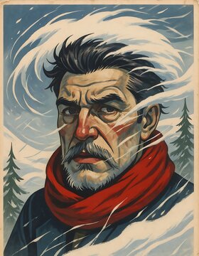A classic style illustration of a serious man wearing a red scarf amidst swirling snow and pine trees