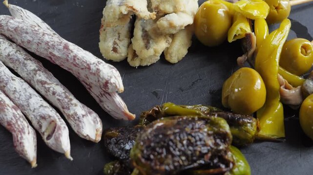 Spanish tapas plate with fuet sausage, fried anchovies, padron peppers, and green olives. High quality 4k footage