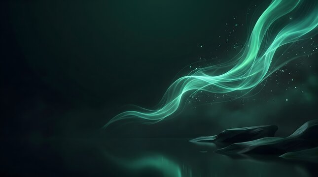 Glowing neon green energy waves swirling in dark abstract liquid motion background