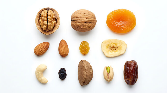 Assorted dried fruits and nuts arranged in rows walnut