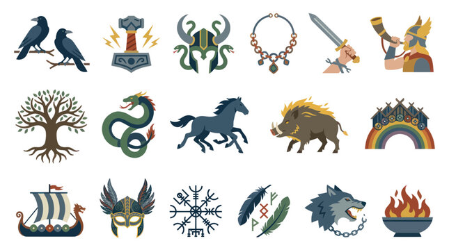 Norse Mythology and Viking Culture Flat Vector Icons Set - Legendary Scandinavian Symbols