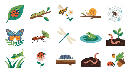 Obraz premium Cute Flat Cartoon Nature Garden Bugs and Small Animals Vector Illustration Set