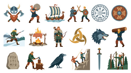Obraz premium Viking Norse Mythology Flat Vector Illustrations. Medieval Warriors, Symbols, Tools, and Cultural Icons.