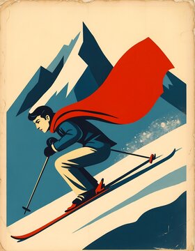 Retro winter sports skiing illustration AI generated