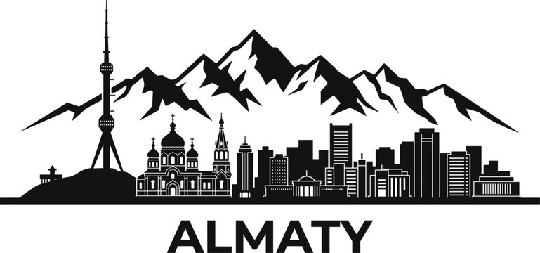 Almaty city skyline silhouette featuring kok tobe tower zenkov cathedral and mountain backdrop vector illustration isolated