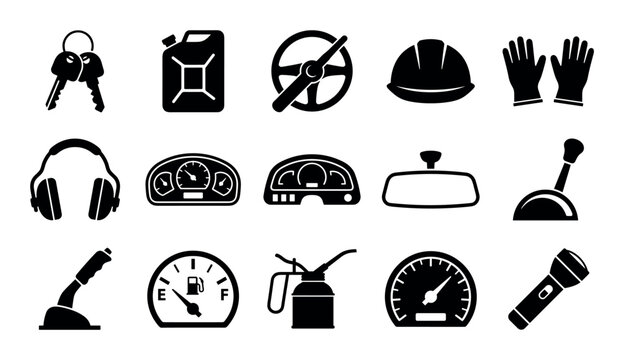 Tractor operation gear vector icons with safety helmet, gloves and throttle lever for presentation design in solid glyph style