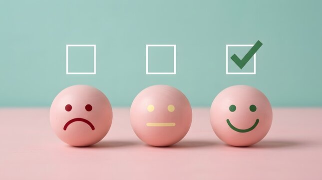 Three facial emotion balls showing sad neutral happy feedback rating selection on pastel background