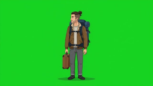 Illustration of a young male traveler with a backpack and suitcase on a green screen background, ready for adventure.