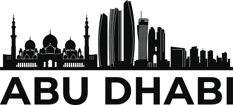 Abu Dhabi city skyline silhouette featuring grand mosque etihad towers and modern skyscrapers vector illustration isolated white