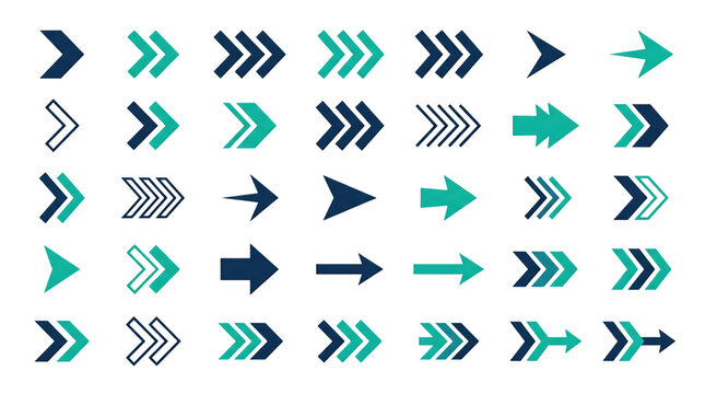 Blue and teal arrow icons set. Modern geometric directional symbols. Flat design vector graphics. Navigation indicators. Business presentation elements. Web design interface signs. Right