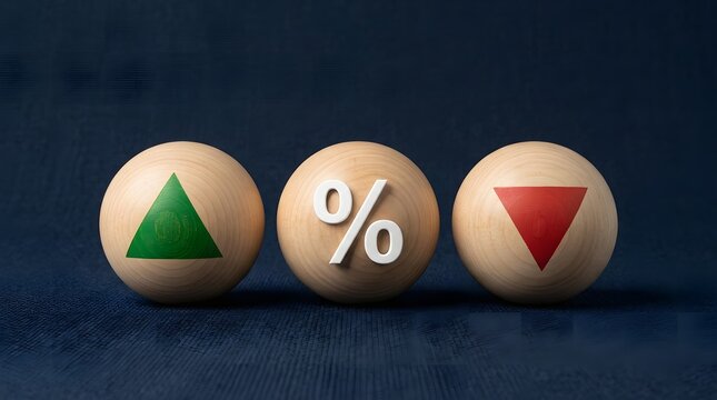 Wooden spheres with profit, percentage, and growth or loss symbols for financial success visualization