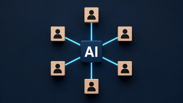 Artificial intelligence centralized network wooden blocks surrounding glowing blue AI core representing team management and data connection