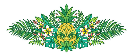 Tropical Pineapple Floral Border Decoration Isolated © ifanti