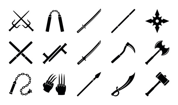 Martial arts weapons vector icons with katana sword, nunchaku and sai for graphic design in vector art style