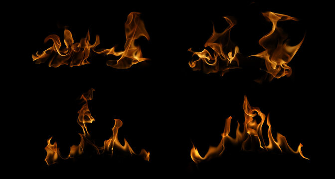 Collection of four realistic fire flames and burning tongues isolated on black background. Abstract blaze shapes for cinematic special effects and design texture overlays.