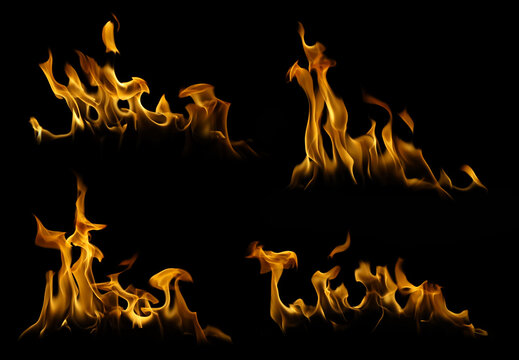 Collection of four realistic fire flames and burning tongues isolated on black background. Abstract blaze shapes for cinematic special effects and design texture overlays.