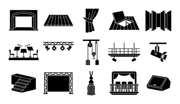 Theatre architecture vector icons with proscenium arch, stage floorboard and curtain tieback for presentation design in silhouette style