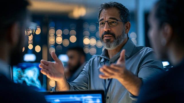 Rear view of a Brazilian cybersecurity engineer explaining complex firewall configurations and data protection strategies to a team member bright modern secure server room