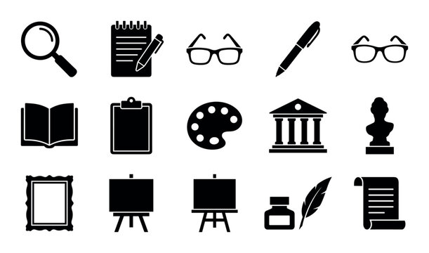 Art critic vector icons with magnifying glasses, notepads and artist palettes for presentation design in solid glyph style