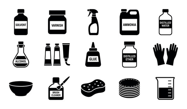 Art restoration chemicals vector icons with solvent bottle, varnish jar and cleaning spray for infographic design in silhouette style