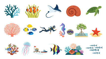 Obraz premium Flat Design Marine Life Vector Illustration Set with Sea Animals, Corals, Diver, and Ocean Elements