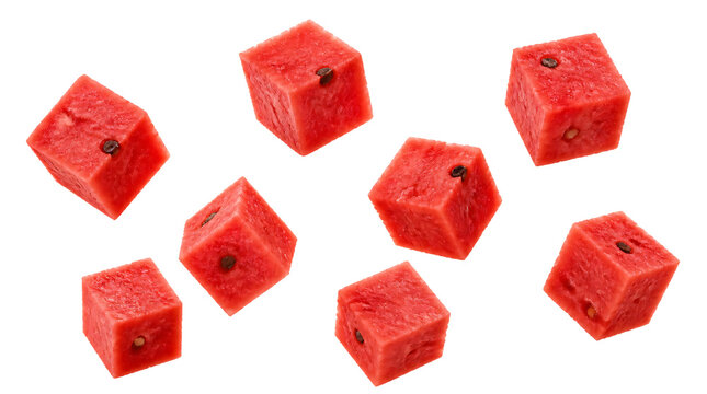 Flying slice watermelon cube isolated on transparent background