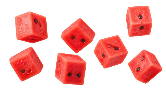 Flying slice watermelon cube isolated on transparent background