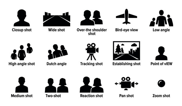 Storyboard camera angles vector icons with close-up shot, wide shot and over-the-shoulder shot for mobile app design in silhouette style