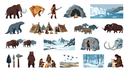 Fototapeta premium Flat Vector Prehistoric Ice Age Life Illustration Set: Cave Dwellers, Extinct Animals, Tools, and Landscapes