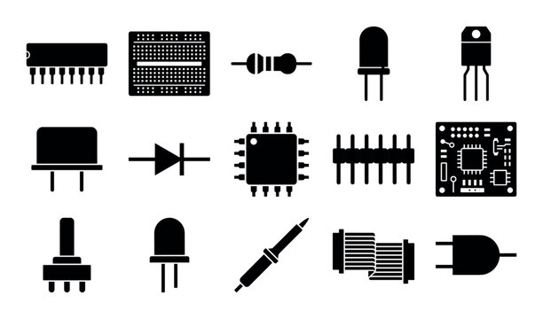 Embedded microcontrollers vector icons with microchip, breadboard and resistor for UI elements design in silhouette style